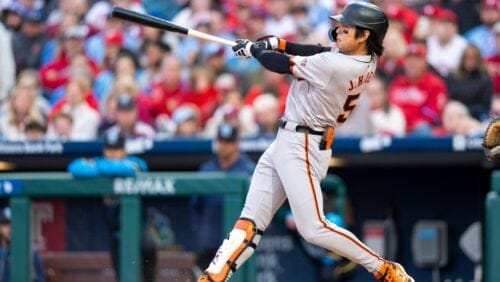 San Francisco Giants' Jung Hoo Lee in action during the baseball game against Philadelphia Phillies, Friday, May 3, 2024, in Philadelphia. The Phillies won 4-3.