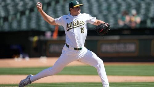 Oakland Athletics pitcher Mason Miller during a baseball game against the Pittsburgh Pirates in Oakland, Calif., Wednesday, May 1, 2024.