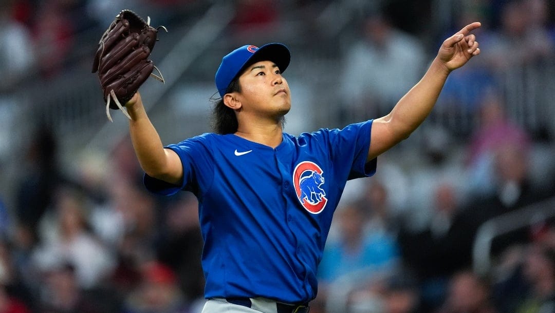 Chicago Cubs pitcher Shota Imanaga reacts after recording the final out in the fourth inning of a baseball game against the Atlanta Braves Monday, May 13, 2024, in Atlanta.