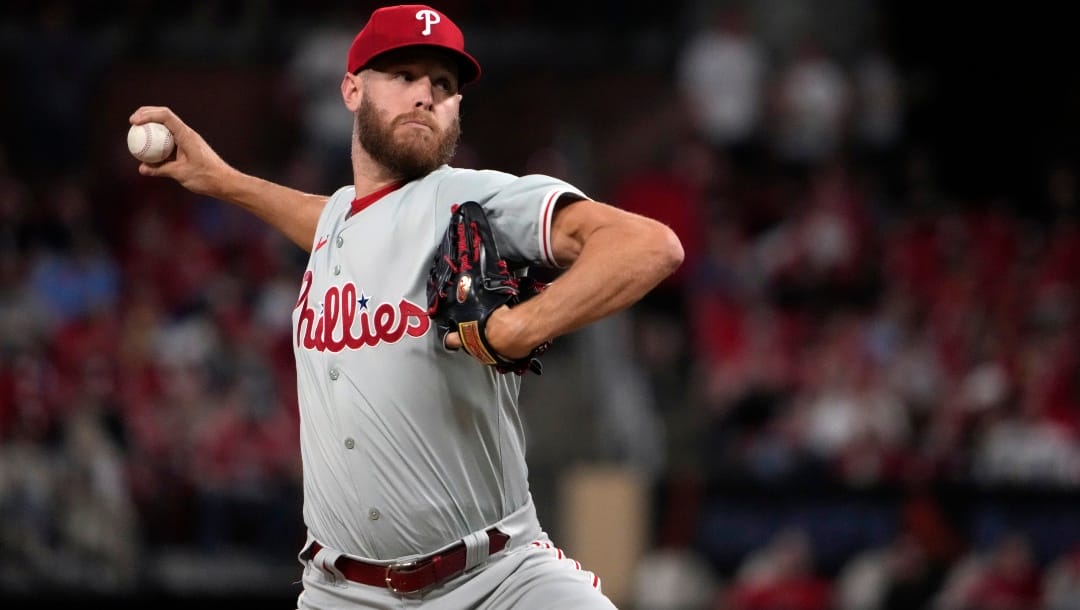 Philadelphia Phillies starting pitcher Zack Wheeler throws during the fourth inning of a baseball game against the St. Louis Cardinals Tuesday, April 9, 2024, in St. Louis.