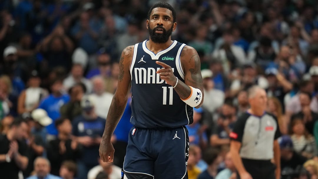 DALLAS, TX - MAY 28: Kyrie Irving #11 of the Dallas Mavericks looks on during the game against the Minnesota Timberwolves during Game 3 of the Western Conference Finals of the 2024 NBA Playoffs on May 28, 2024 at the American Airlines Center in Dallas, Texas.