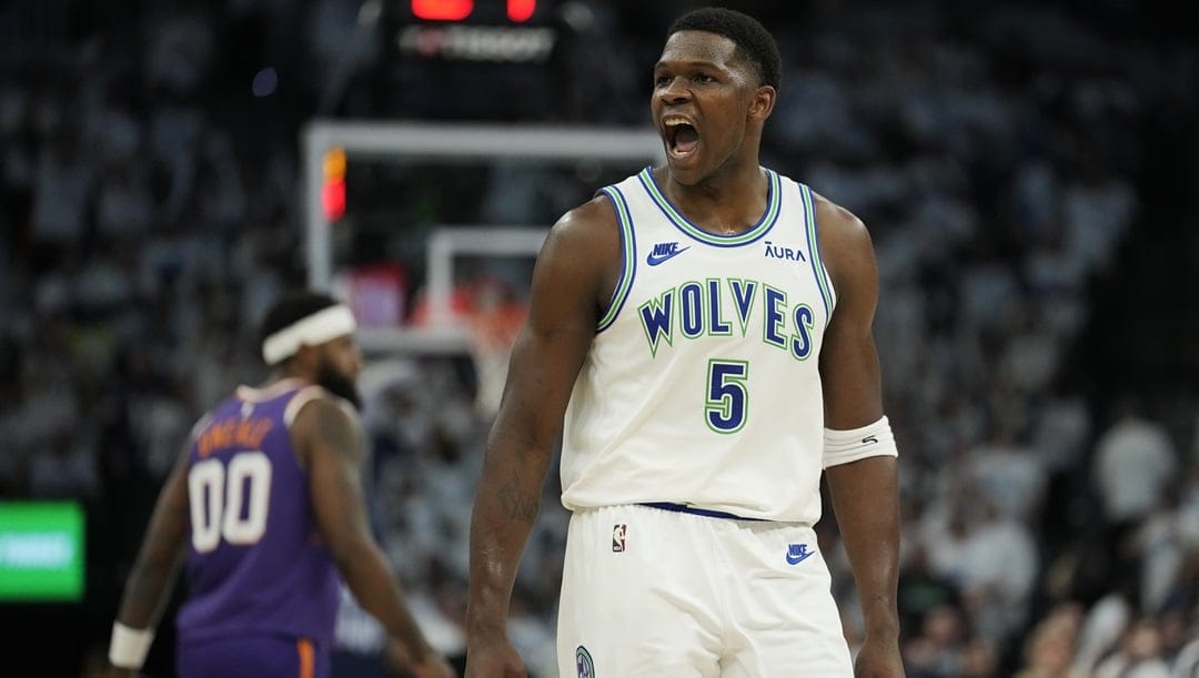 Anthony Edwards #5 of the Minnesota Timberwolves celebrates during the second half in game one of the Western Conference First Round Playoffs against the Phoenix Suns at Target Center on April 20, 2024 in Minneapolis, Minnesota.