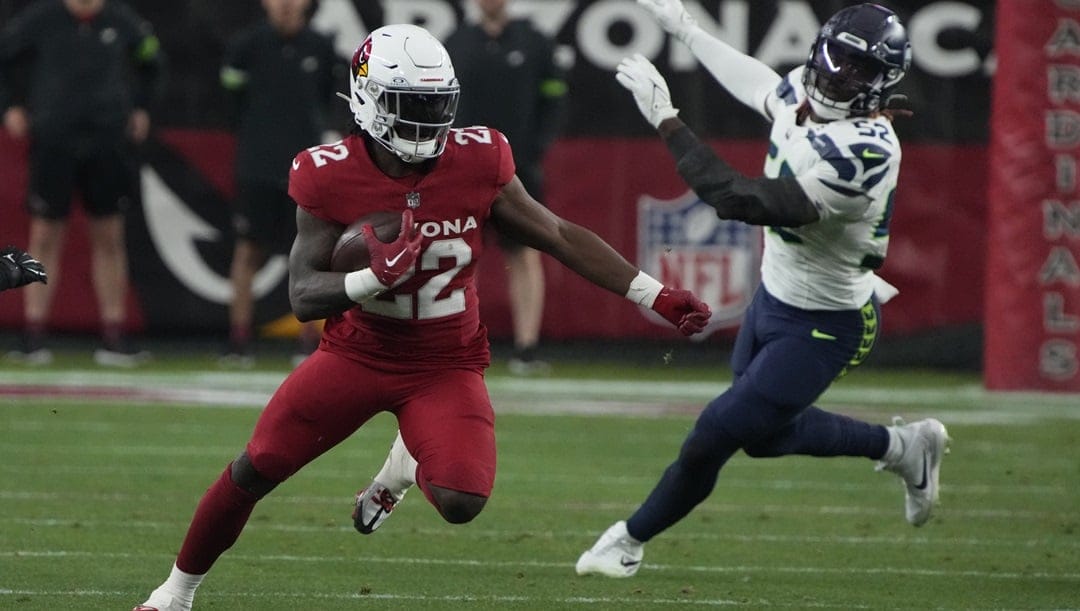 Arizona Cardinals running back Michael Carter (22) during the first half of an NFL football game against the Seattle Seahawks, Sunday, Jan. 8, 2024, in Glendale, Ariz.