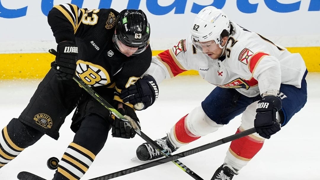 Boston Bruins' Brad Marchand (63) and Florida Panthers' Brandon Montour (62) battle for the puck during the third period of an NHL hockey game, Saturday, April 6, 2024, in Boston. (AP Photo/Michael Dwyer)