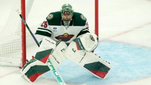 Minnesota Wild goaltender Marc-Andre Fleury keeps his eyes on the puck during an NHL hockey game against the Chicago Blackhawks on Friday, Oct. 4, 2024, in Chicago.