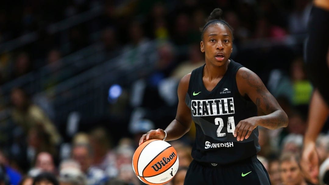 Seattle Storm guard Jewell Loyd (24) dribbles the ball during the first half of Game 4 of a WNBA basketball playoff semifinal against the Las Vegas Aces Tuesday, Sept. 6, 2022, in Seattle. The Aces beat the Storm 97-92 to advance to the WNBA Finals.