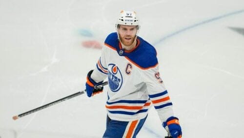 Edmonton Oilers center Connor McDavid reacts after a ruling against him by the officials during overtime in Game 1 of the NHL hockey Western Conference Stanley Cup playoff finals against the Dallas Stars, Thursday, May 23, 2024, in Dallas.