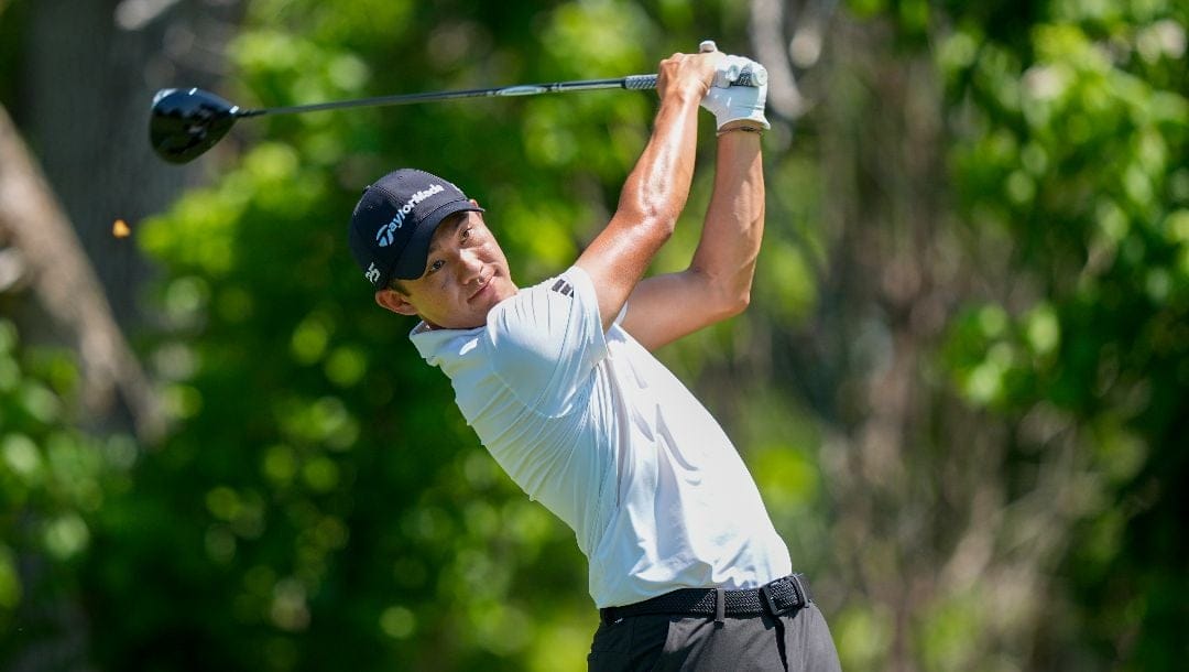 Collin Morikawa tees off the sixth hole during the first round of the Charles Schwab Challenge golf tournament at Colonial Country Club, Thursday, May 23, 2024, in Fort Worth, Texas.