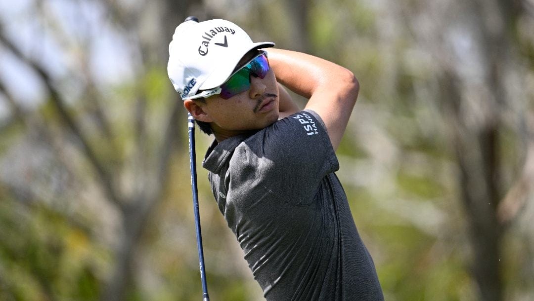 Min Woo Lee, of Australia, tees off on the third hole during the second round of the Arnold Palmer Invitational golf tournament, Friday, March 8, 2024, in Orlando, Fla.