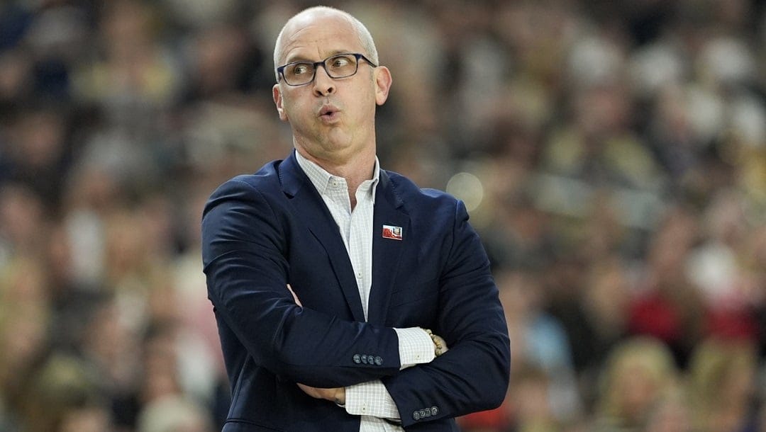 UConn head coach Dan Hurley watches during the first half of the NCAA college basketball game against Alabama at the Final Four, Saturday, April 6, 2024, in Glendale, Ariz.