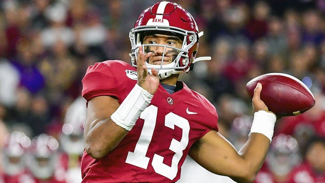 In this Nov. 9, 2019, file photo, Alabama quarterback Tua Tagovailoa plays in an NCAA football game in Tuscaloosa, Ala. Tagovailoa is a likely first round pick in the NFL Draft Thursday, April 23, 2020.