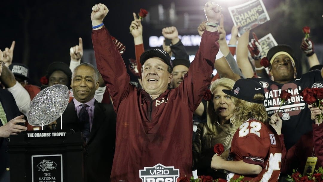 Florida State head coach Jimbo Fisher reacts after the NCAA BCS National Championship college football game against Auburn Monday, Jan. 6, 2014, in Pasadena, Calif. Florida State won 34-31.