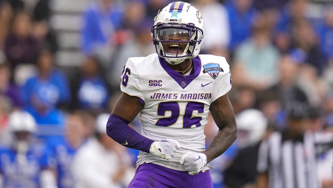 James Madison cornerback Devyn Coles reacts after making a tackle against Air Force during the first half of the Armed Forces Bowl NCAA college football game, Saturday, Dec. 23, 2023, in Fort Worth, Texas.