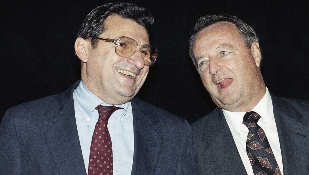 Penn State coach Joe Paterno, left, and Florida Sate football coach Bobby Bowden share a laugh, Thursday, Dec. 6, 1990 in Fort Laudardale, at a news conference introducing the Blockbuster Bowl coaches. The new bowl game will be played on December 28 in Miami?s Joe Robbie Stadium.