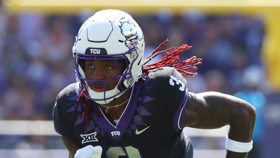 TCU wide receiver Savion Williams (3) runs up the field during an NCAA football game against SMU on Saturday, Sept. 23, 2023, in Fort Worth, Texas. (AP Photo/Richard W. Rodriguez)