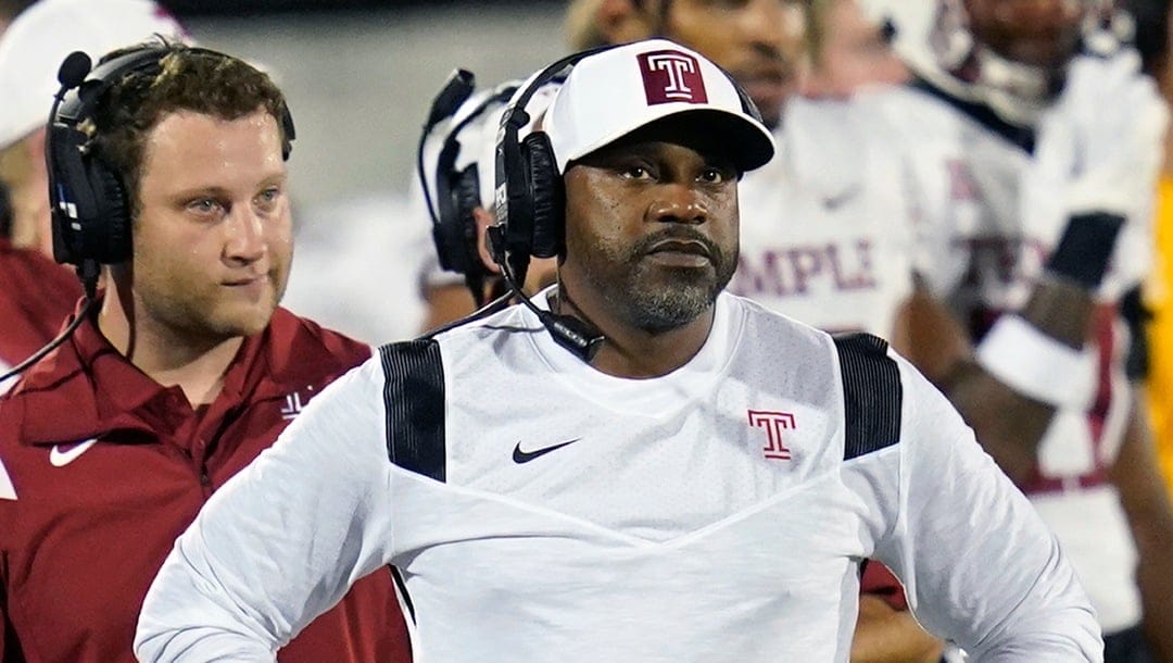FILE - Temple head coach Stan Drayton walks the sidelines during the first half of an NCAA college football game against Central Florida, Thursday, Oct. 13, 2022, in Orlando, Fla. Temple plays at Rutgers on Saturday, Sept. 9, 2023. (AP Photo/John Raoux, File)