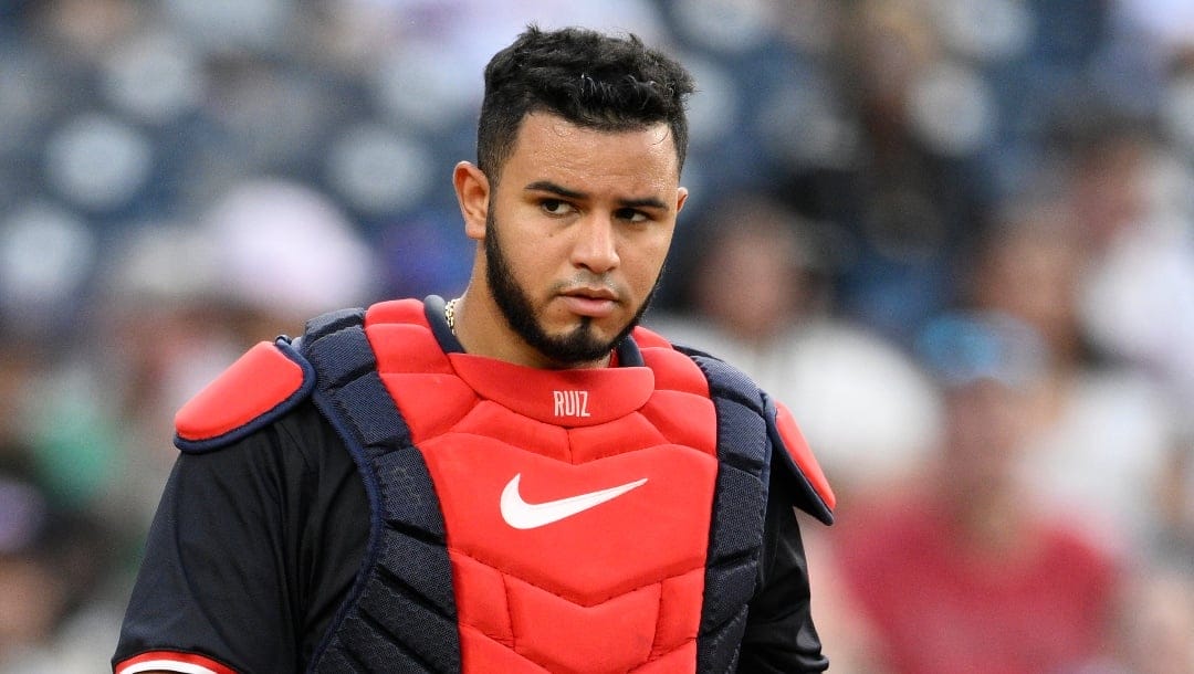 Washington Nationals catcher Keibert Ruiz (20) in action during a baseball game against the New York Mets, Tuesday, June 4, 2024, in Washington. (AP Photo/Nick Wass)