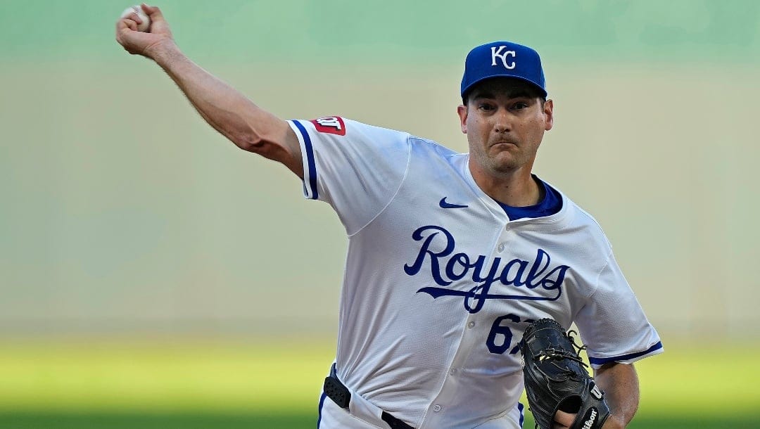 Kansas City Royals starting pitcher Seth Lugo throws during the first inning of a baseball game against the New York Yankees Monday, June 10, 2024, in Kansas City, Mo.