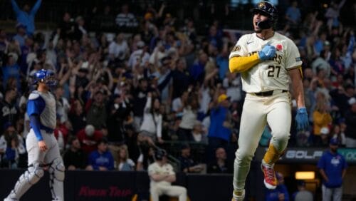 Milwaukee Brewers' Willy Adames celebrates after hitting a three-run home run during the eighth inning of a baseball game against the Chicago Cubs Monday, May 27, 2024, in Milwaukee.