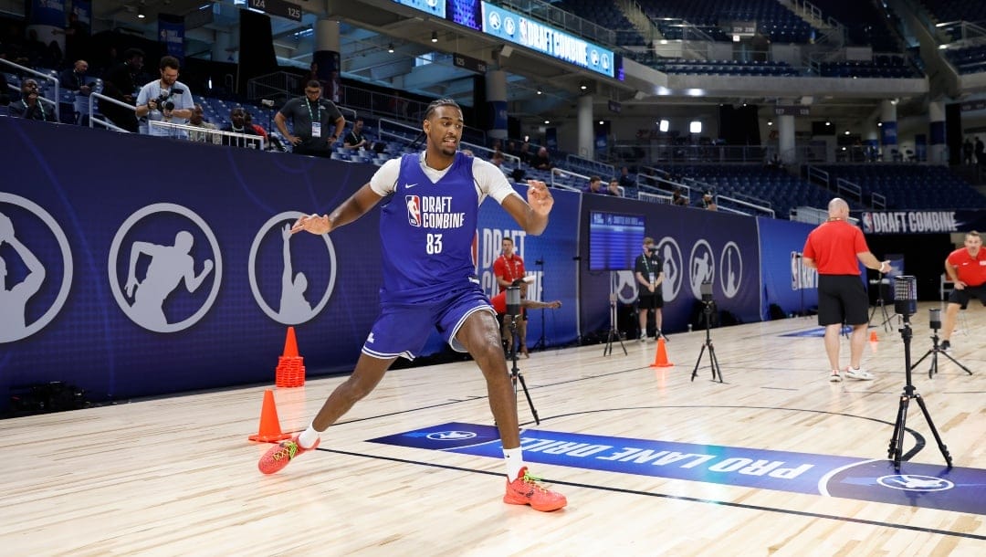 Alexandre Sarr does the agility drill during the 2024 NBA Combine on May 13, 2024 at Wintrust Arena in Chicago, Illinois.