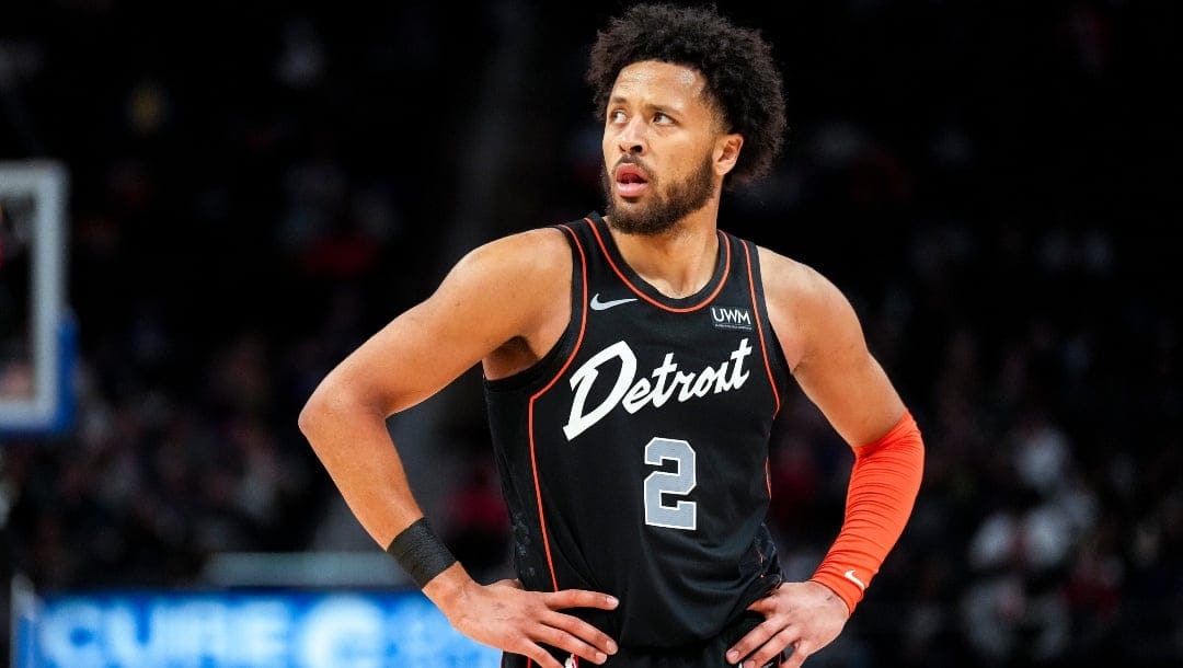 Cade Cunningham #2 of the Detroit Pistons looks on against the Memphis Grizzlies at Little Caesars Arena on April 01, 2024 in Detroit, Michigan.