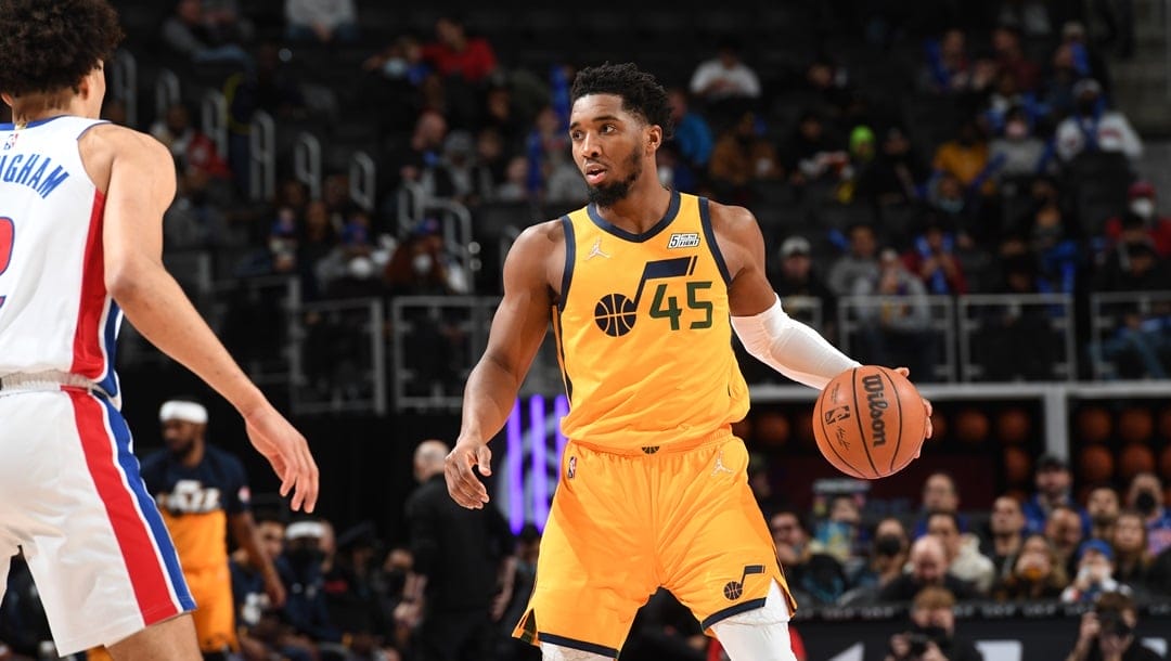 DETROIT, MI - JANUARY 10: Donovan Mitchell #45 of the Utah Jazz dribbles the ball during the game against the Detroit Pistons on January 10, 2022 at Little Caesars Arena in Detroit, Michigan.