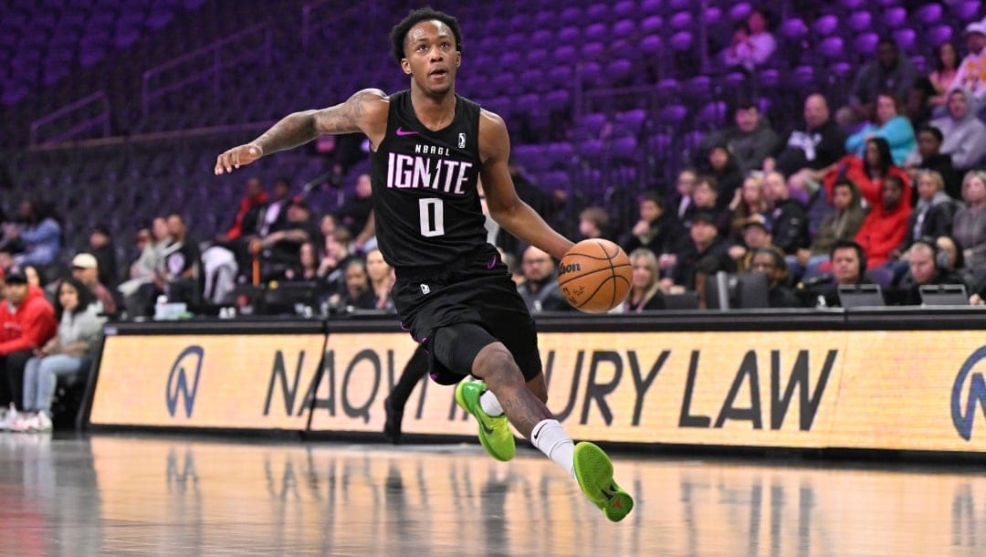 Ron Holland #0 of G League Ignite dribbles the ball during the game against the Rip City Remix on December 12, 2023 at The Dollar Loan Center in Henderson, Nevada.