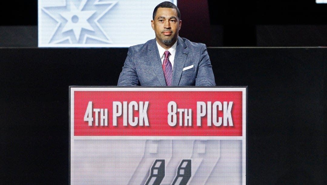 Brian Wright of the San Antonio Spurs looks on after winning the 4th and 8th overall pick during the 2024 NBA Draft Lottery on May 12, 2024 at the McCormick Convention Center in Chicago, IL.