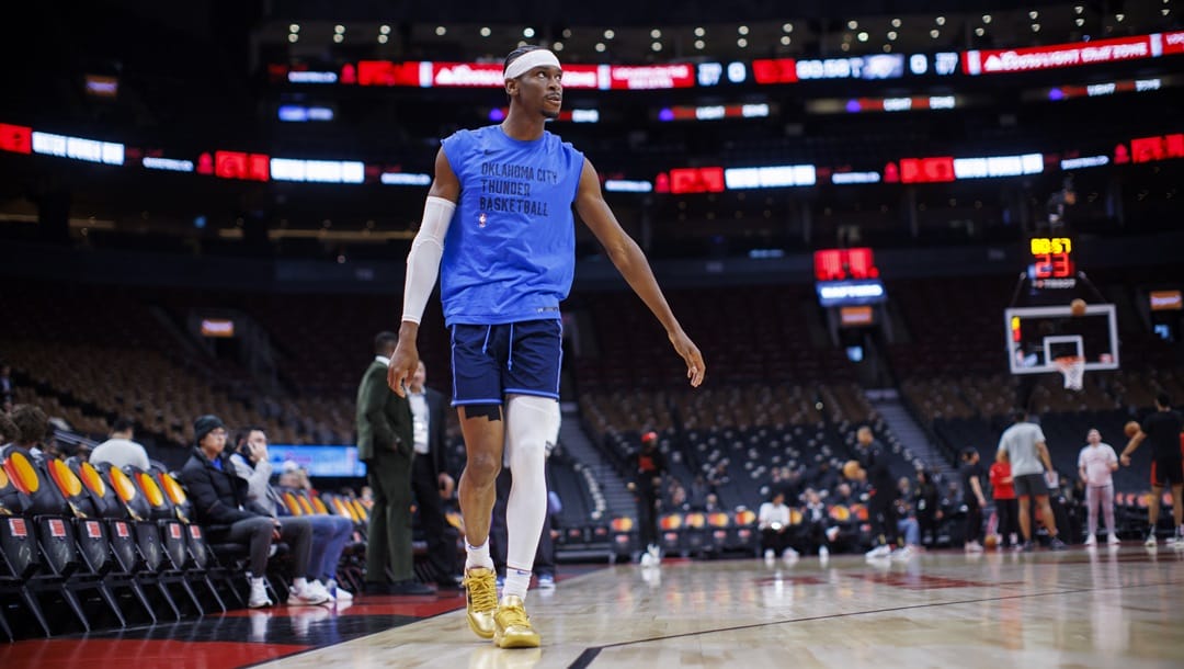 TORONTO, CANADA - MARCH 22: Shai Gilgeous-Alexander #2 of the Oklahoma City Thunder warms up ahead of their NBA game against the Toronto Raptors at Scotiabank Arena on March 22, 2024 in Toronto, Canada.