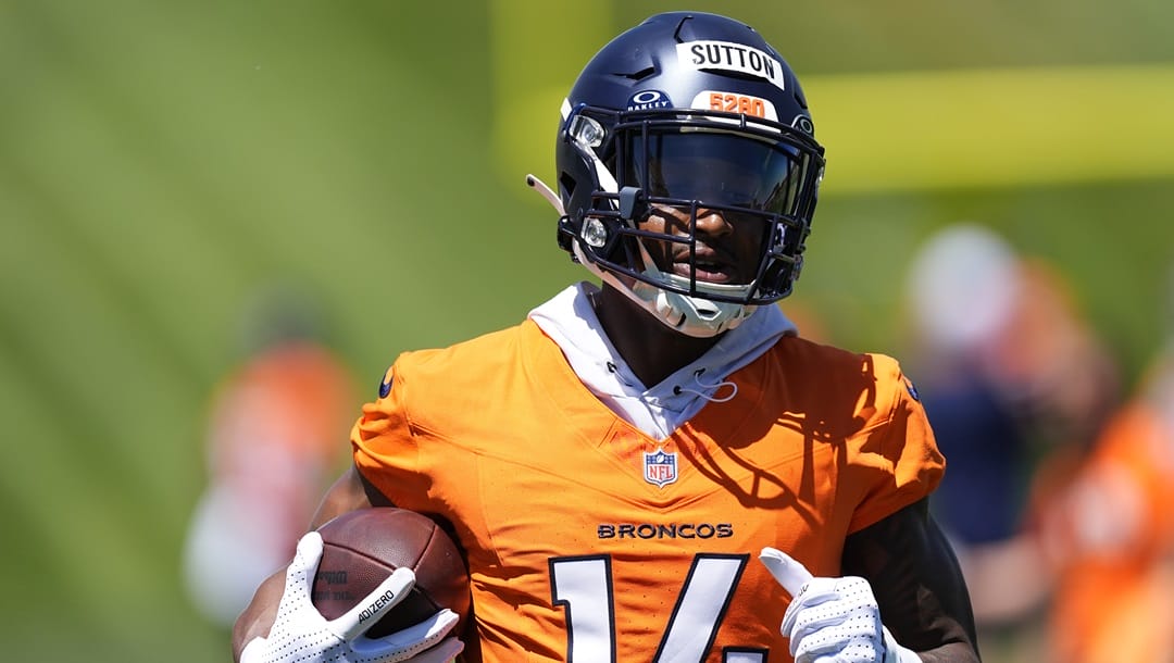 Denver Broncos wide receiver Courtland Sutton (14) takes part in drills during an NFL football mandatory minicamp Wednesday, June 12, 2024, at the team's headquarters in Centennial, Colo.