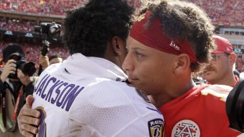 Kansas City Chiefs quarterback Patrick Mahomes, right, and Baltimore Ravens quarterback Lamar Jackson (8) greet each other after their NFL football game Sunday, Sept. 22, 2019, in Kansas City, Mo.