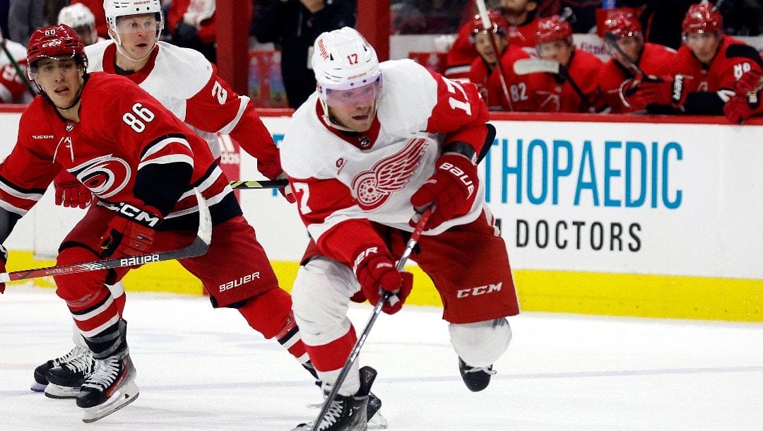 Detroit Red Wings' Daniel Sprong (17) moves the puck away from Carolina Hurricanes' Teuvo Teravainen (86) during the third period of an NHL hockey game in Raleigh, N.C., Thursday, March 28, 2024.