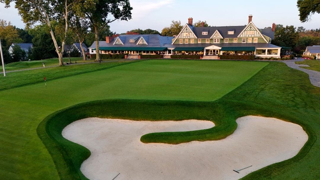 This is the ninth green in front of the clubhouse at Oakmont Country Club, in Oakmont, Pa., on Monday, Sept. 16, 2024.