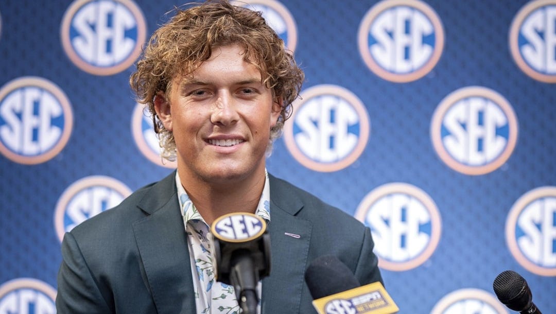 Mississippi quarterback Jaxson Dart speaks during the Southeastern Conference NCAA college football media days Monday, July 15, 2024, in Dallas.