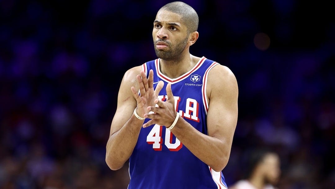 PHILADELPHIA, PENNSYLVANIA - MAY 02: Nicolas Batum #40 of the Philadelphia 76ers reacts after a play against the New York Knicks during the first quarter of game six of the Eastern Conference First Round Playoffs at the Wells Fargo Center on May 02, 2024 in Philadelphia, Pennsylvania.