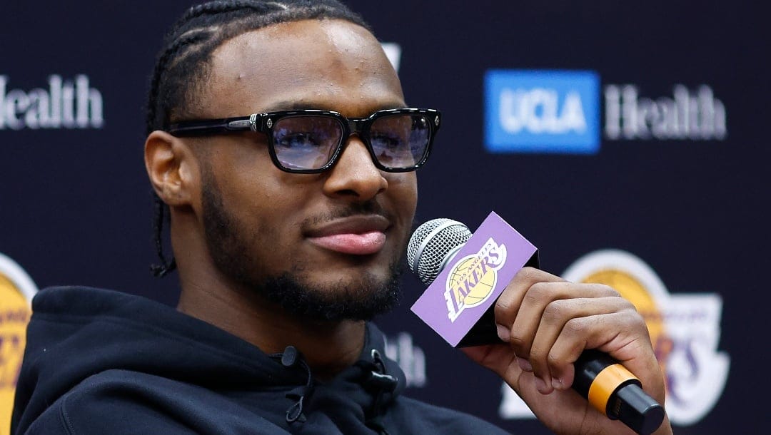Bronny James #9 of the Los Angeles Lakers speaks with the media during a press conference at UCLA Health Training Center on July 02, 2024 in El Segundo, California.