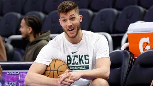 MILWAUKEE, WISCONSIN - FEBRUARY 24: Meyers Leonard #3 of the Milwaukee Bucks, who signed a 10-day contract, warms up before the game against the Miami Heat at Fiserv Forum on February 24, 2023 in Milwaukee, Wisconsin.