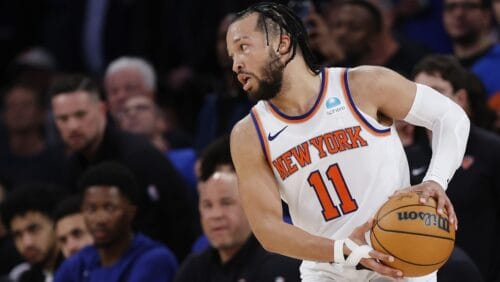 NEW YORK, NEW YORK - MAY 06: Jalen Brunson #11 of the New York Knicks dribbles against the Indiana Pacers during Game One of the Eastern Conference Second Round Playoffs at Madison Square Garden on May 06, 2024 in New York City.