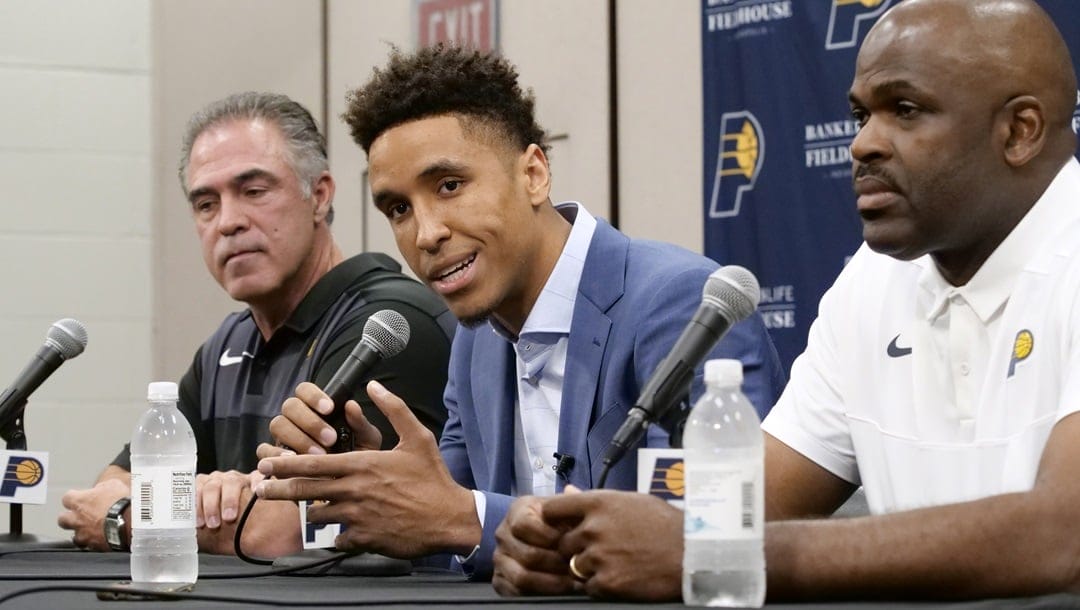 INDIANAPOLIS - JULY 8: Malcolm Brogdon #7 of the Indiana Pacers speaks during a press conference after signing a free agent contract with the Indiana Pacers at Bankers Life Fieldhouse on July 8, 2019 in Indianapolis, Indiana.