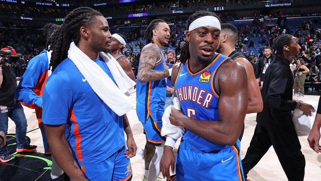 NEW ORLEANS, LA - APRIL 29: Luguentz Dort #5 of the Oklahoma City Thunder celebrates after the game against the New Orleans Pelicans during Round 1 Game 4 of the 2024 NBA Playoffs on April 29, 2024 at the Smoothie King Center in New Orleans, Louisiana.