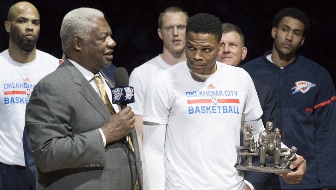 OKLAHOMA CITY, OK - APRIL 12: Oscar Robertson talks about Russell Westbrook #0 of the Oklahoma City Thunder breaking his 41 triple-double record before the first half of a NBA game at the Chesapeake Energy Arena on April 12, 2017 in Oklahoma City, Oklahoma.