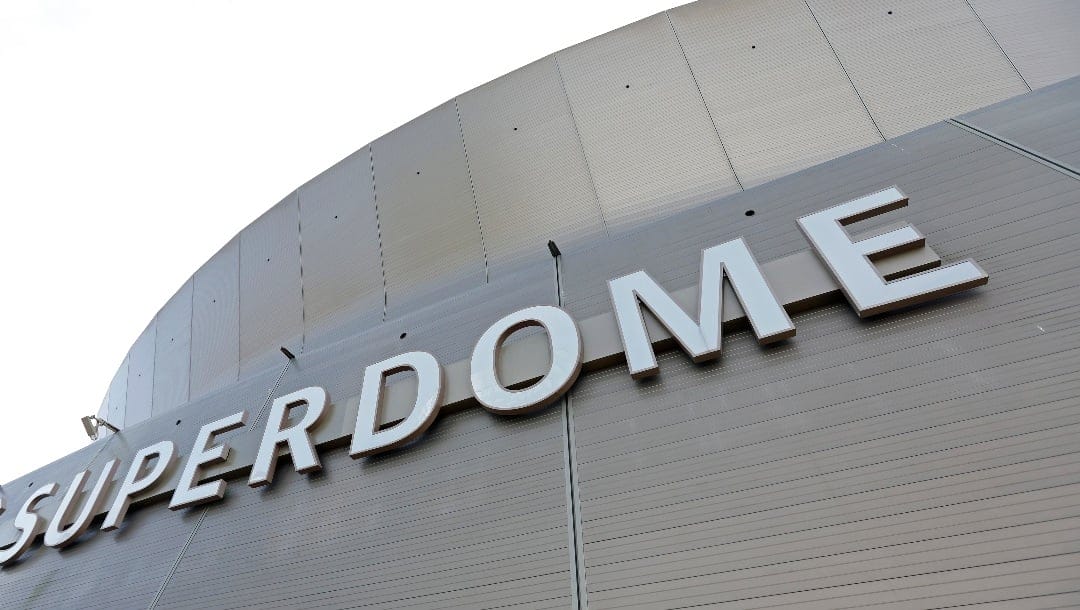 An exterior overall general view of the Caesars Superdome signage before an NFL football game between the New Orleans Saints and the Atlanta Falcons, Sunday, Jan. 7, 2024, in New Orleans. (AP Photo/Tyler Kaufman)