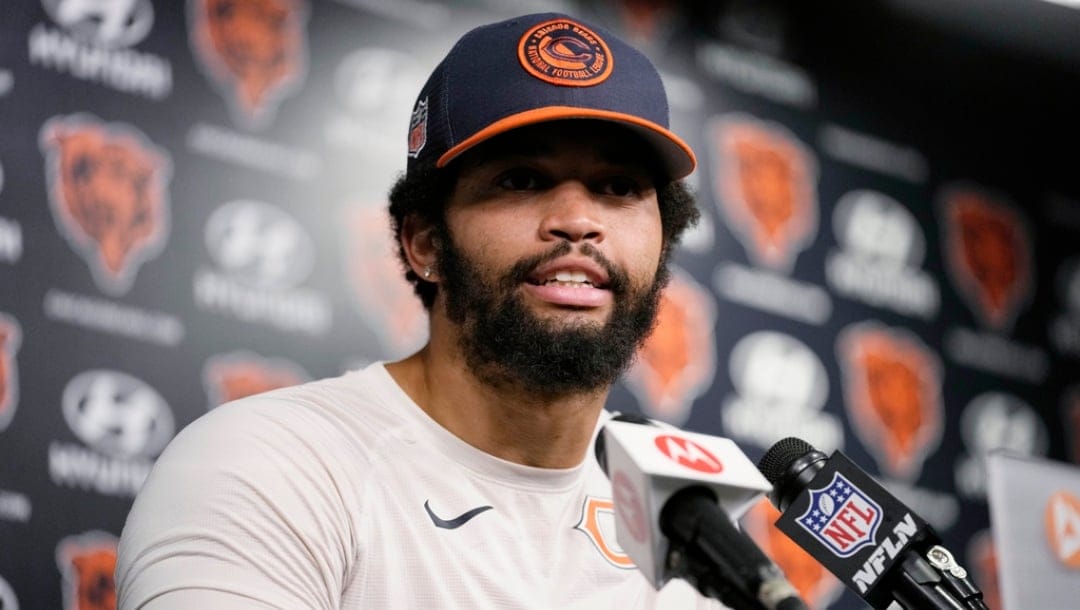 Chicago Bears quarterback Caleb Williams speaks during a news conference at the NFL football team's minicamp in Lake Forest, Ill., Thursday, June 6, 2024.