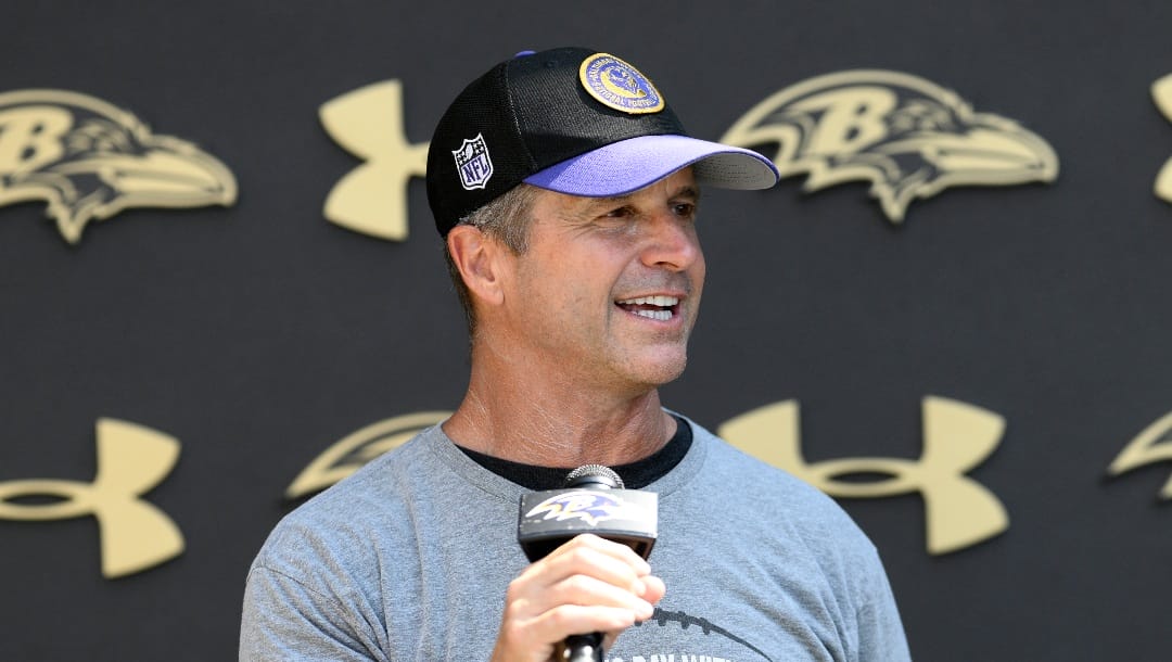 Baltimore Ravens head coach John Harbaugh speaks to the media after an NFL football training camp practice, Tuesday, July 23, 2024, in Owings Mills, Md. (AP Photo/Nick Wass)