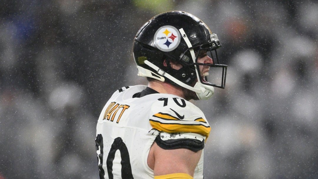 Pittsburgh Steelers linebacker T.J. Watt (90) celebrates a sack during the second half of an NFL football game against the Baltimore Ravens, Saturday, Jan. 6, 2024, in Baltimore. (AP Photo/Nick Wass)