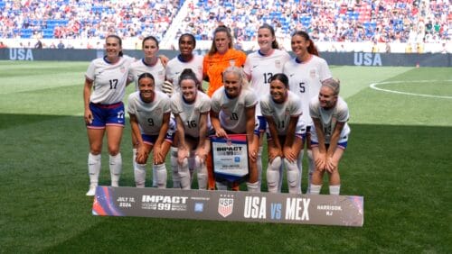 The United States women's national team poses for a photo before a women's international friendly soccer match against Mexico, Saturday, July 13, 2024, in Harrison, N.J.