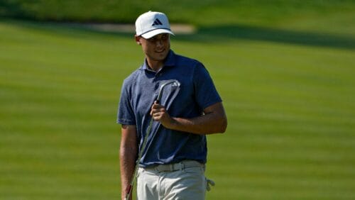 Ludvig Aberg, of Sweden, watches his putt on the 13th hole during the first round of the Travelers Championship golf tournament at TPC River Highlands, Thursday, June 20, 2024, in Cromwell, Conn.