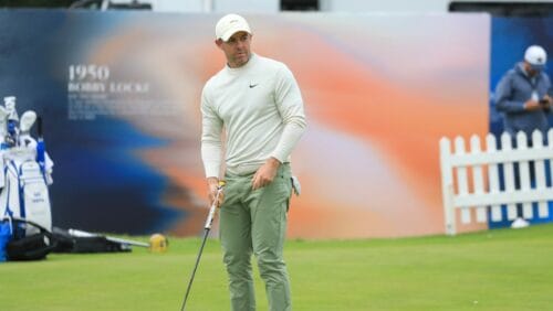 Rory McIlroy of Northern Ireland putts on the putting green ahead of a practice round for the British Open Golf Championships at Royal Troon golf club in Troon, Scotland, Monday, July 15, 2024.