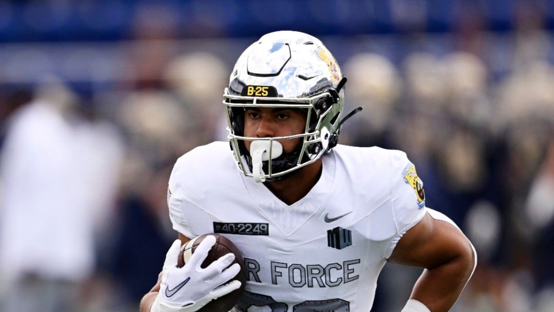 Air Force running back Aiden Calvert during an NCAA football game on Saturday, Oct. 21, 2023, in Annapolis, Md. (AP Photo/Gail Burton)