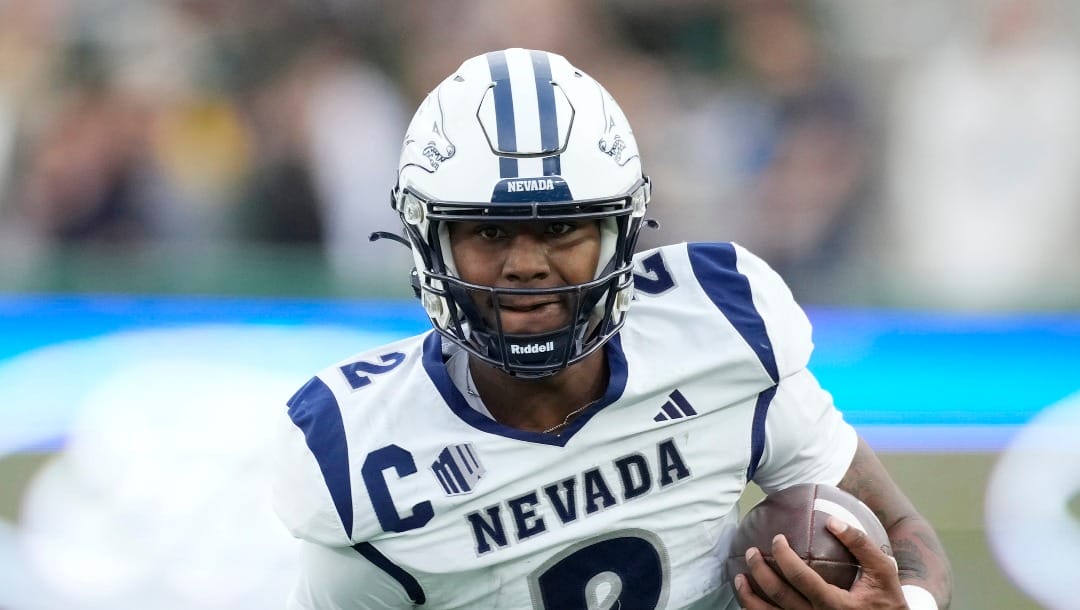 Nevada quarterback Brendon Lewis (2) in the second half of an NCAA college football game Saturday, Nov. 18, 2023, in Fort Collins, Colo. (AP Photo/David Zalubowski)